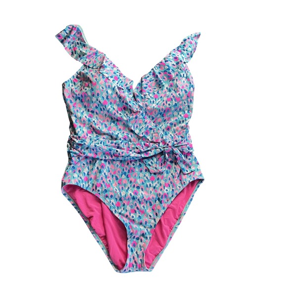 Lilly Pulitzer Delphie One Piece Swimsuit Blue Ibiza Hottie Dottie Ruffle 16 NEW - Picture 2 of 14